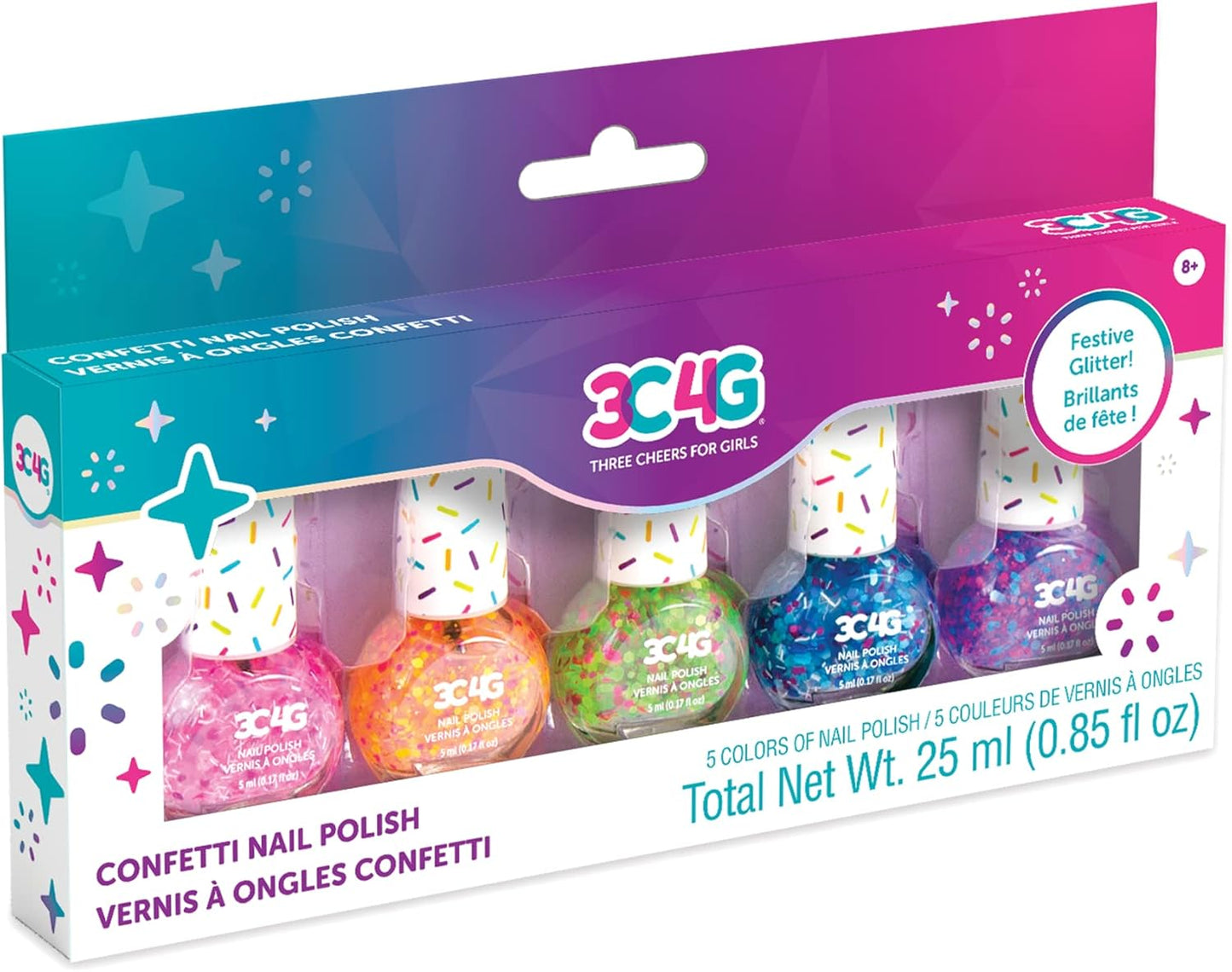 3C4G Confetti Nail Polish Set for Girls & Teens - 5 Fun, Non-Toxic Colors with Sparkling Confetti, Safe Nail Polish Kit for Kids Ages 8+ Perfect for Birthdays, Parties & DIY Manicures Make It Real