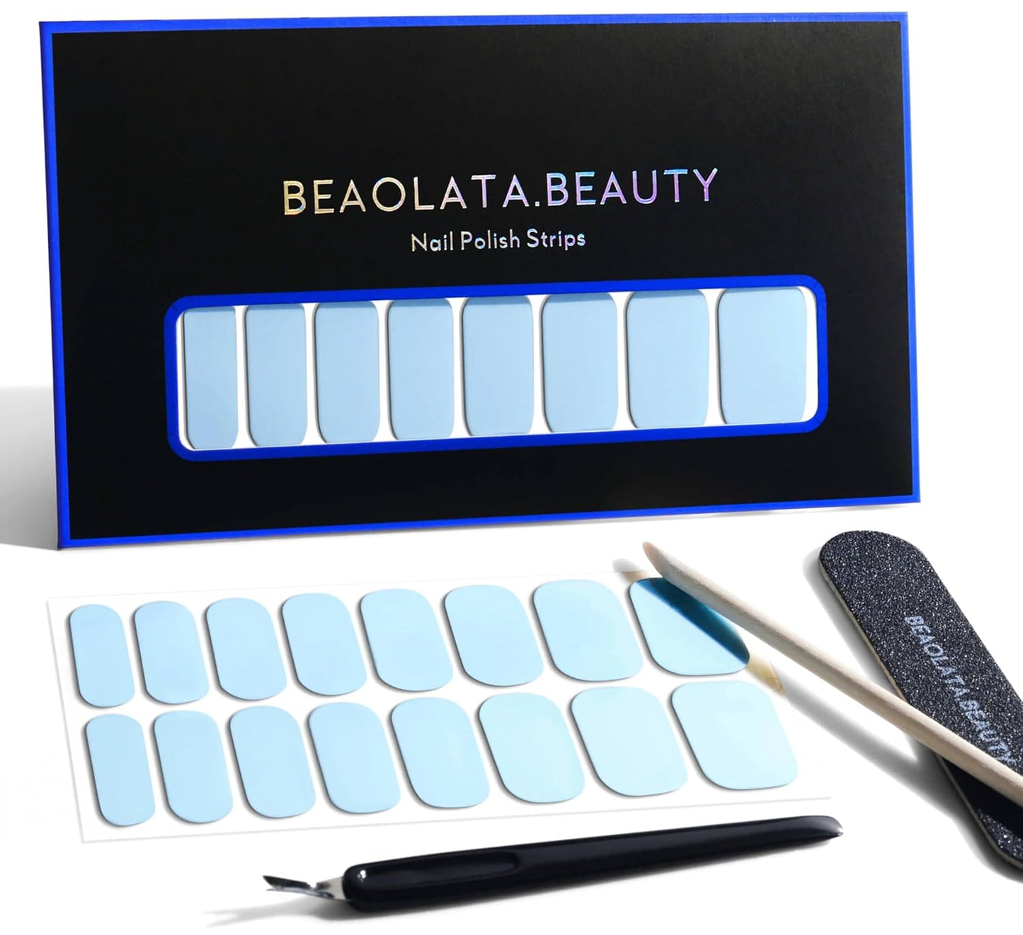 Nail Polish Strips, 32PCS Salon Quality Wraps, Long Lasting Gel Nail Stickers for Women Easy Apply& Remove (Sky Light Blue)