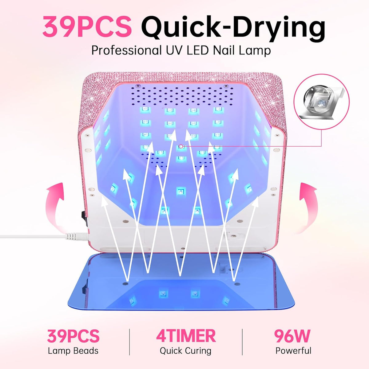 UV LED Nail Lamp 96W Plug-in Nail Dryer Sparkly Gel Polish Light 4 Timer Setting Professional Quick Dry Curing Lamp with Display Auto Sensor for Salon & Home