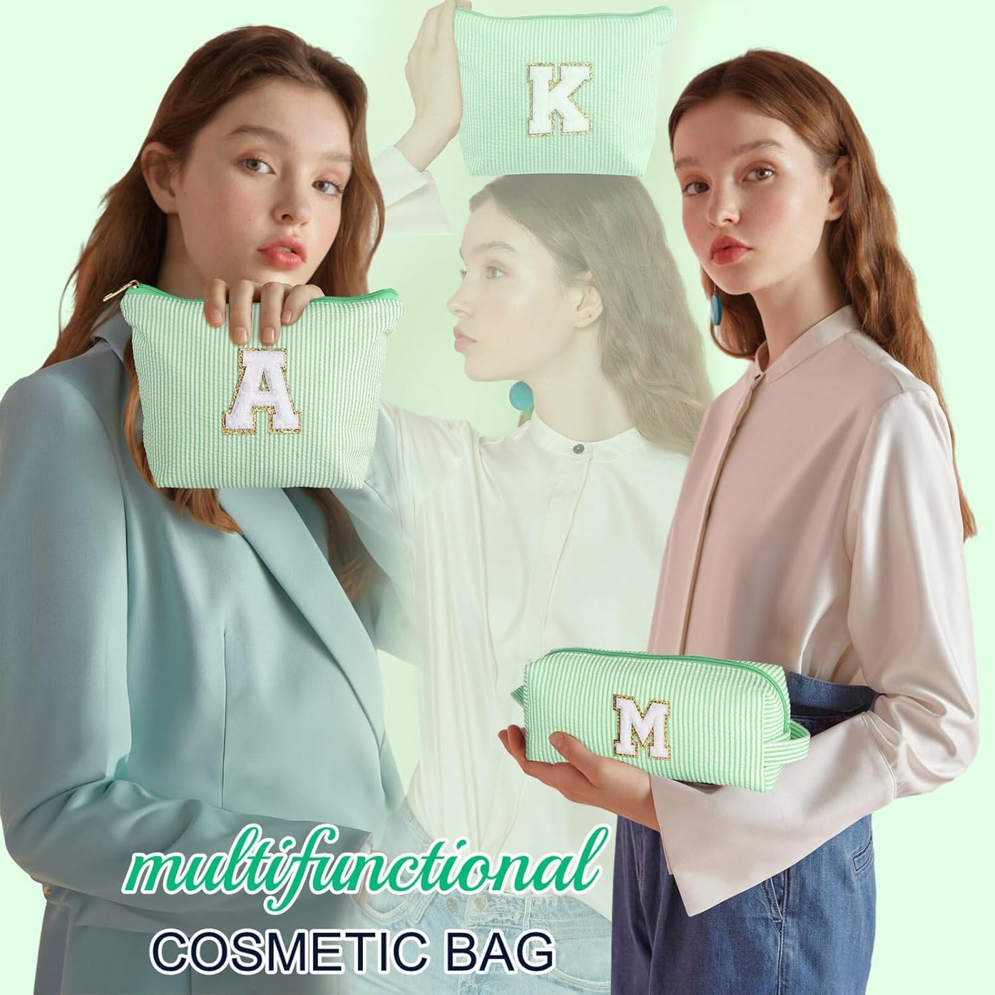 YOOLIFE Initial Makeup Bag for Women Girls - Skin Care for Teens 10-12 | Make Up Bag | Gifts for Women | Graduation Gifts | Mothers Day Gifts | Tween Girls Trendy Stuff Daughter Friend Gifts M, Green