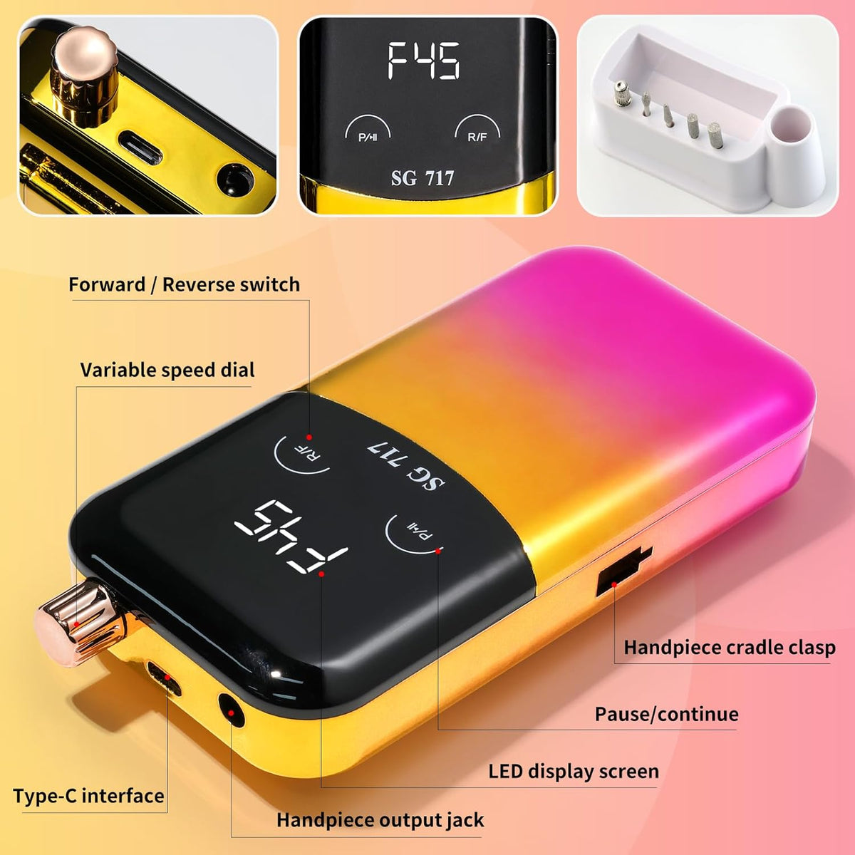 Professional Electric Nail Drill Machine,45000RPM Portable Rechargeable Efile Nail Drill Cordless,Electric Nail File Kit for Women (Gradient Yellow)