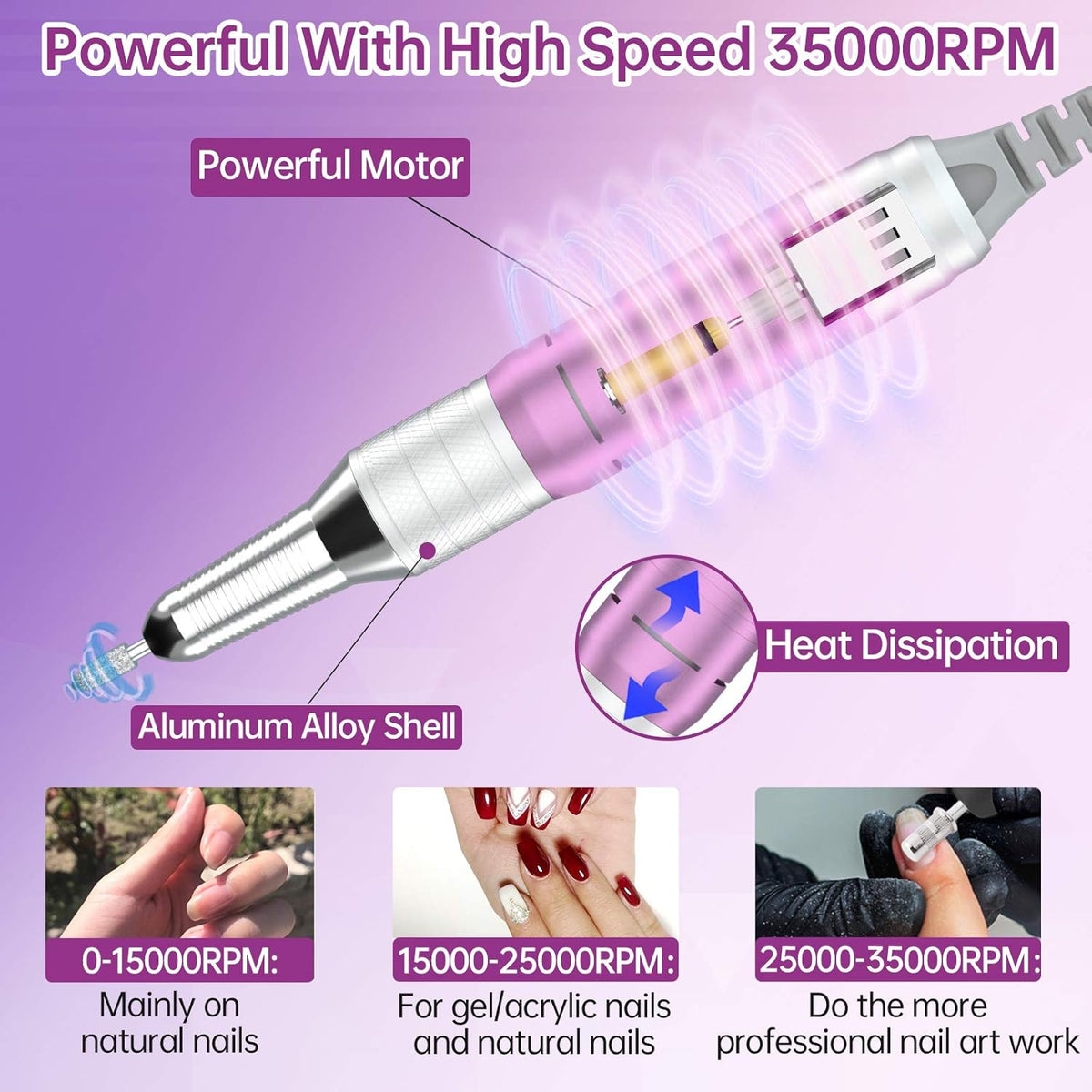 Delanie Professional Portable Electric Nail Drill Machine, 35000 RPM Rechargeable Cordless Nail Filer Electric Nail File Efle for Dip Powder Acrylic Gel Nail, Salon Nail Tool, Violet