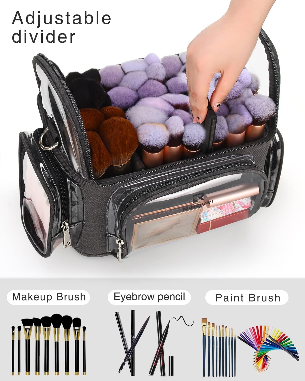 Makeup Brush Travel Case Clear Waterproof Organizer Bag with Adjustable Dividers Large Capacity Cosmetic Storage