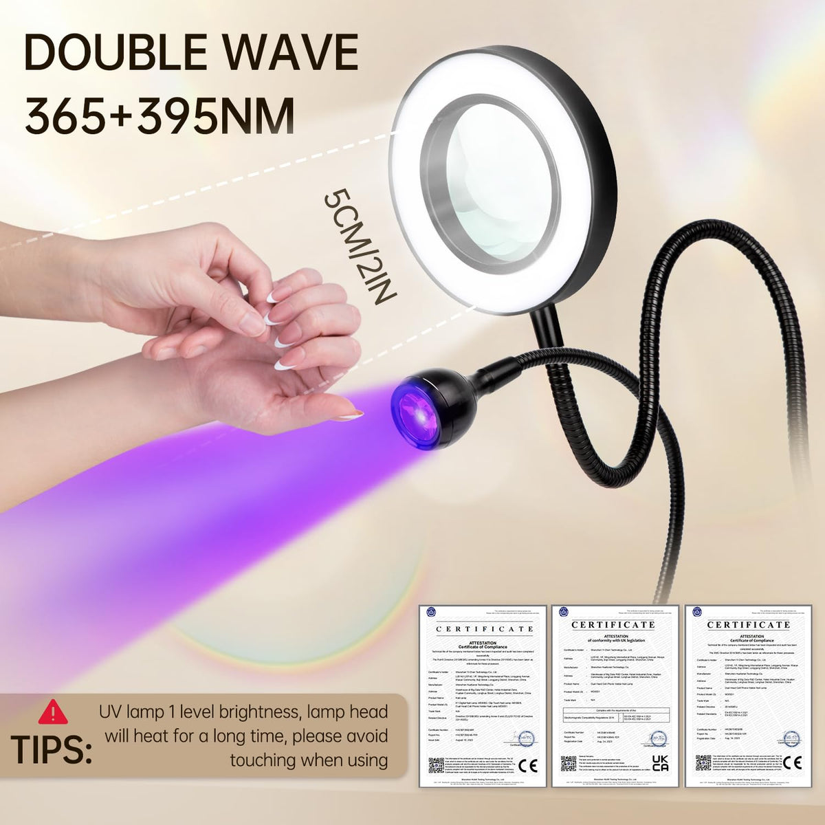 AORAEM LED UV Nail Lamp: Double-Headed Gooseneck U V Lamp for Gel Nails, LED Flash Cure Light with 6X Magnifier Home DIY Salon, Black