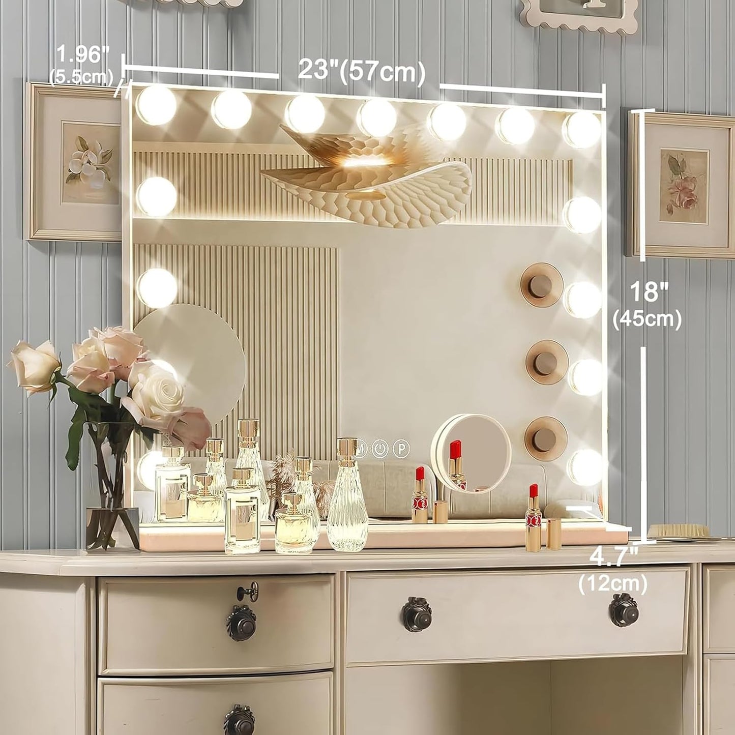Hollywood Vanity Mirror with Lights, 15 Dimmable Bulbs, 3 Color Lights,Make Up Lighted Mirror, Aluminum Metal Frame, USB Charging Port（23" x 18"）