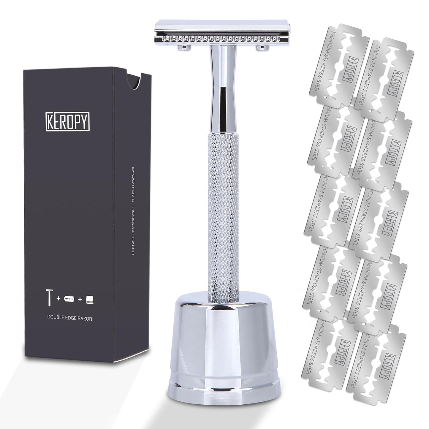 Men Safety Razor With Stand and 10 Premium Stainless Steel Reusable Safety Razor For Men and Women, Mens Single Blade Razor, Glossy Silver