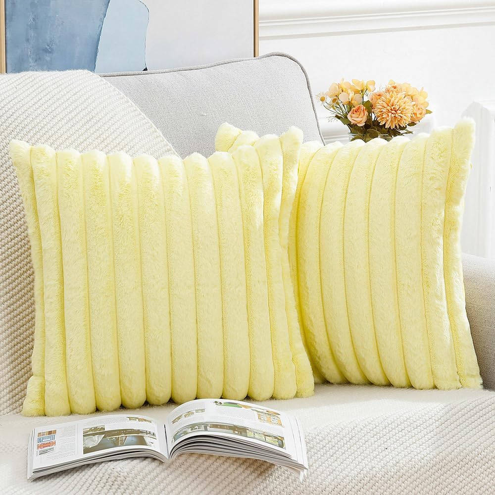 MADIZZ Set of 2 Faux Wool Plush Decorative Throw Pillow Covers 16x16 Inch Yellow Fluffy Striped Soft Decorative Cushion Cover for Sofa Bedroom Pillow Shell