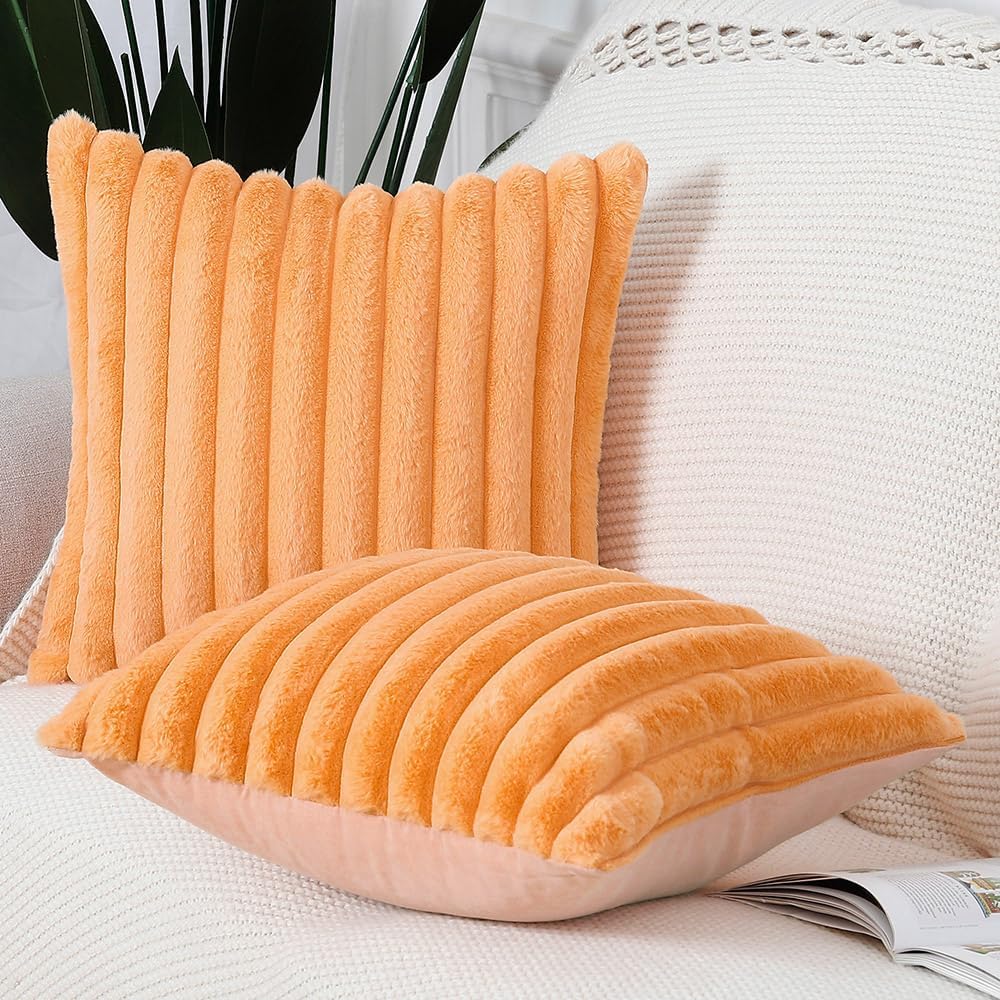 MADIZZ Set of 2 Faux Wool Plush Decorative Throw Pillow Covers 20x20 Inch Orange Fluffy Striped Soft Decorative Cushion Cover for Sofa Bedroom Pillow Shell