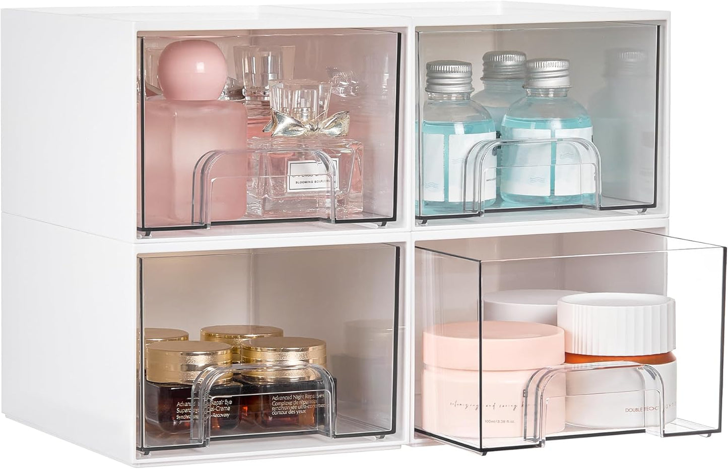 Clear Stackable Vanity Storage Drawers — 4 Piece Organizer Set