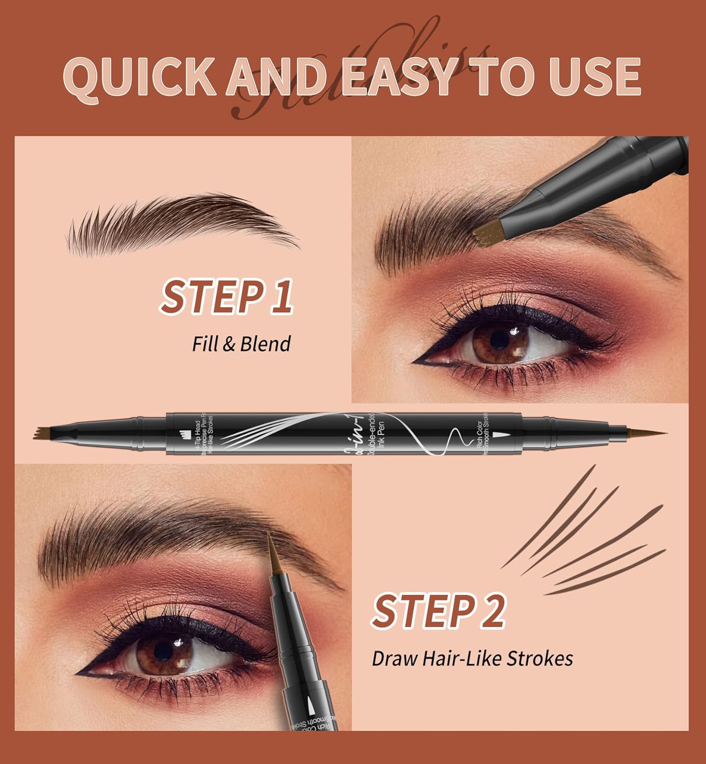 4-Fork Tip Microblading Eyebrow Pen - 2-in-1 Waterproof Eyebrow Pencil, Long-Lasting Natural Hair-Like Brows, Smudge-Proof & Easy to Use (03#Grey)