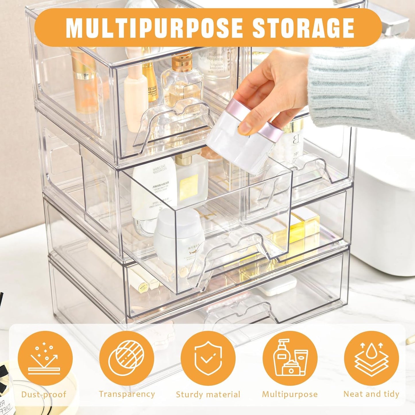 3 Piece Clear Stackable Acrylic Drawer Organizer Set for Vanity Bathroom Cabinet Storage
