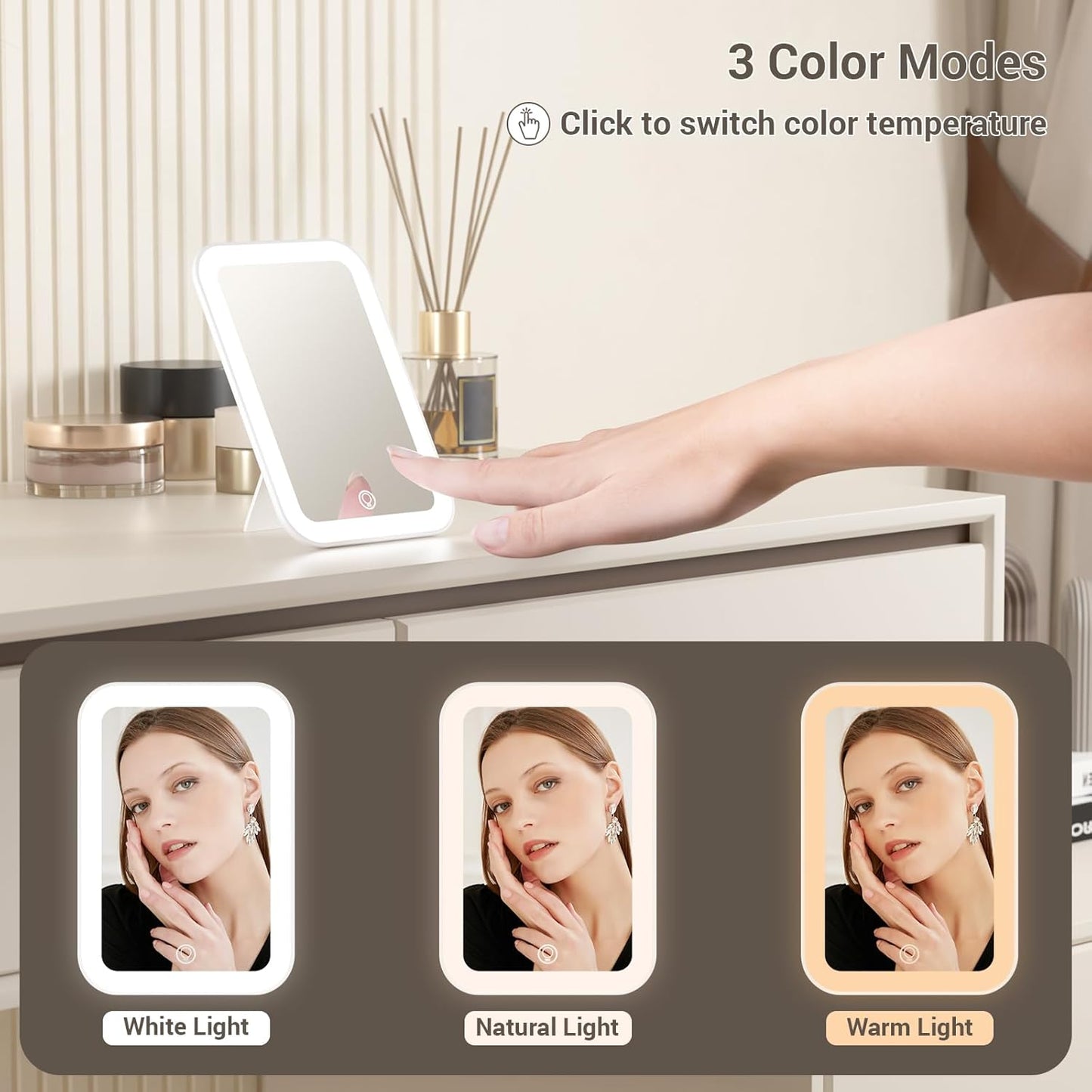 Kintion Travel Makeup Mirror, 6"*4.2" Rechargeable Portable LED Lighted Tabletop Vanity Mirror, 3 Colors Touch Dimmable Compact Mirror for Women Gift, White