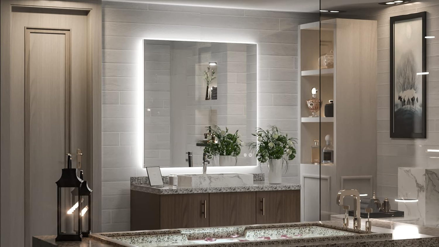 TETOTE 36x36Inch LED Backlit Bathroom Mirror with Lights,3Color White/Warm/Natural,Anti-Fog Lighted Mirror,Dimmable,Vanity Mirror,Wall Mounted