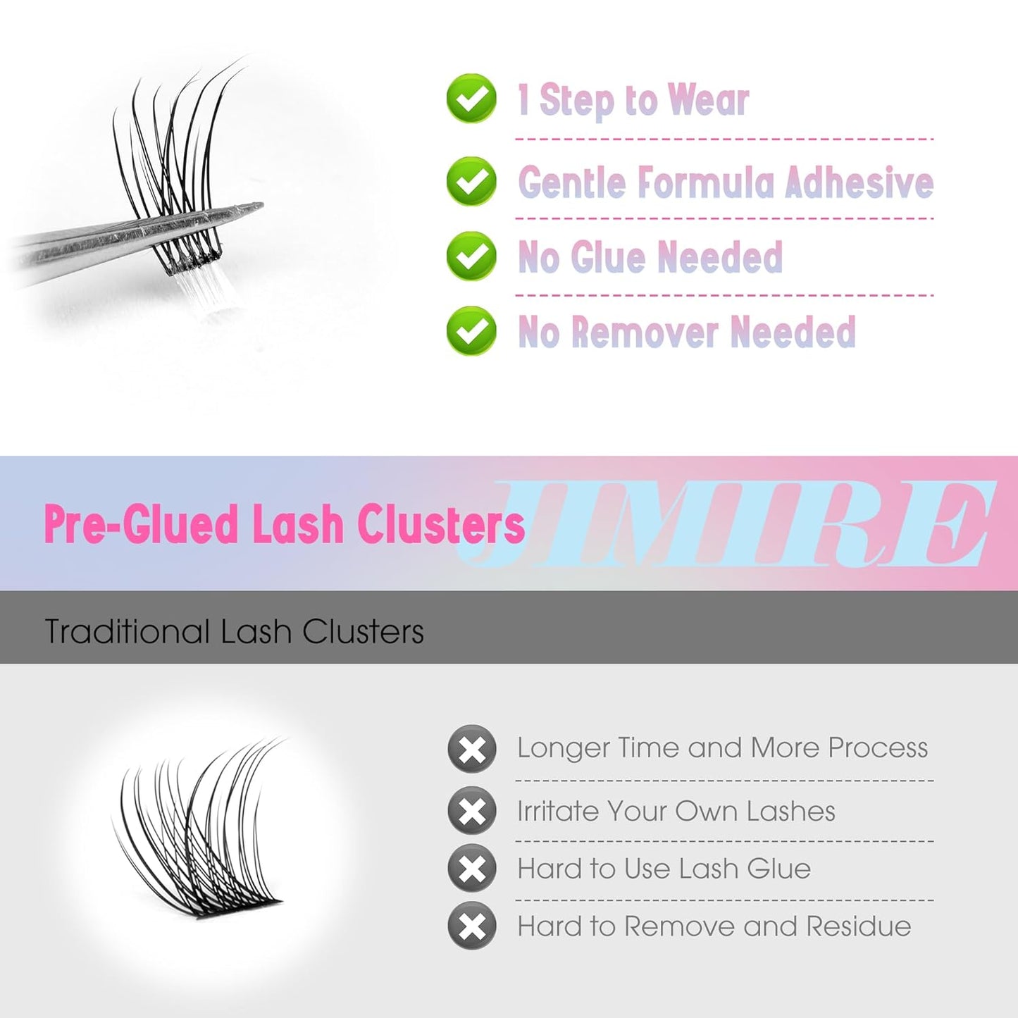 JIMIRE 160Pcs Self Adhesive Eyelashes Natural Look 9-14MM Wispy Pre Glued Lash Clusters No Glue Needed Press on Lashes Clusters Reusable Self Adhesive Eyelash Clusters Beginners Friendly