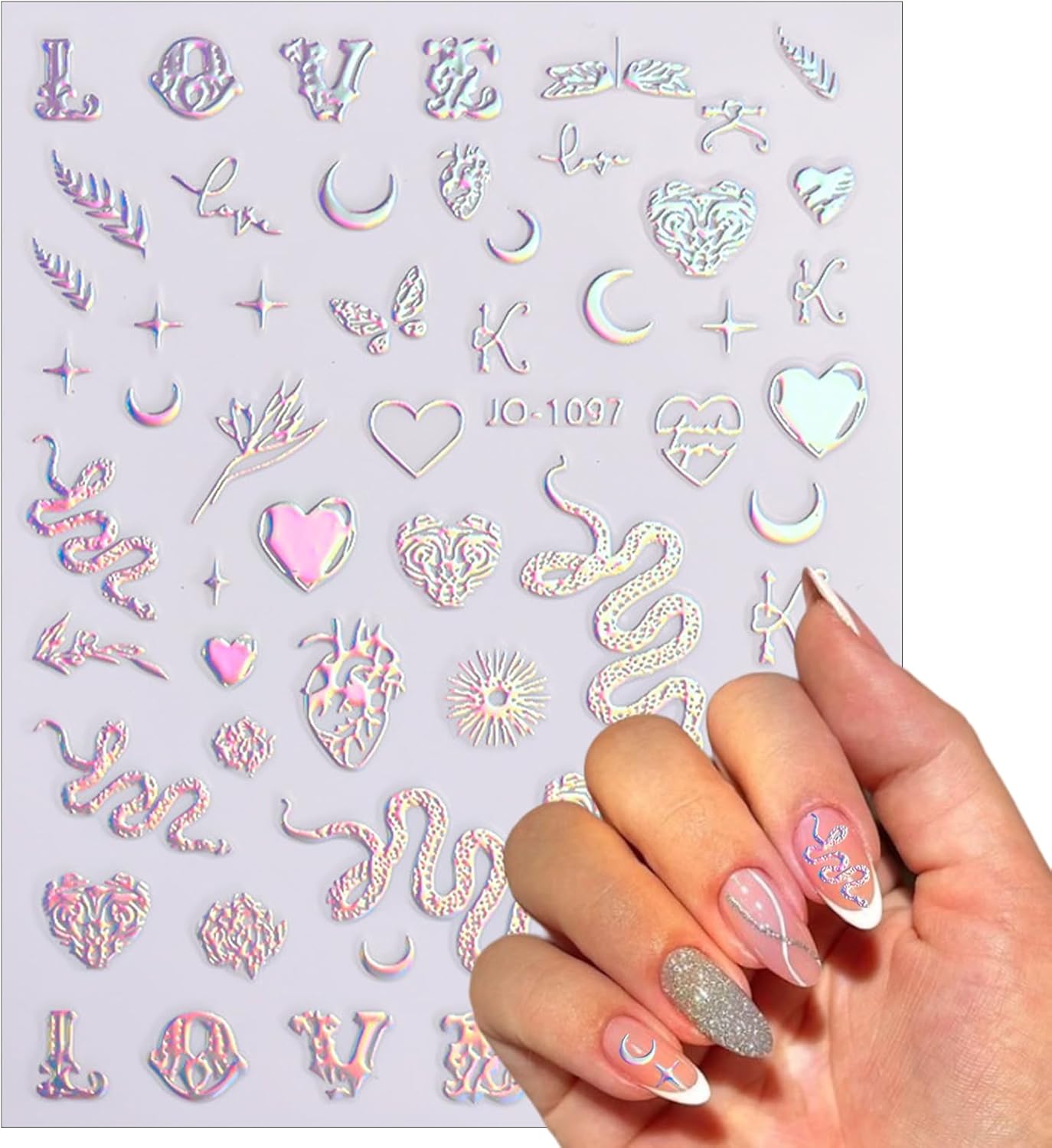 5 Sheets Aurora Silver Snake Nail Art Stickers 3D Self-Adhesive Laser Nail Decals Stars Sun Moon Line Holographic Designs Nail Stickers for Women Girls DIY Manicure Supplies