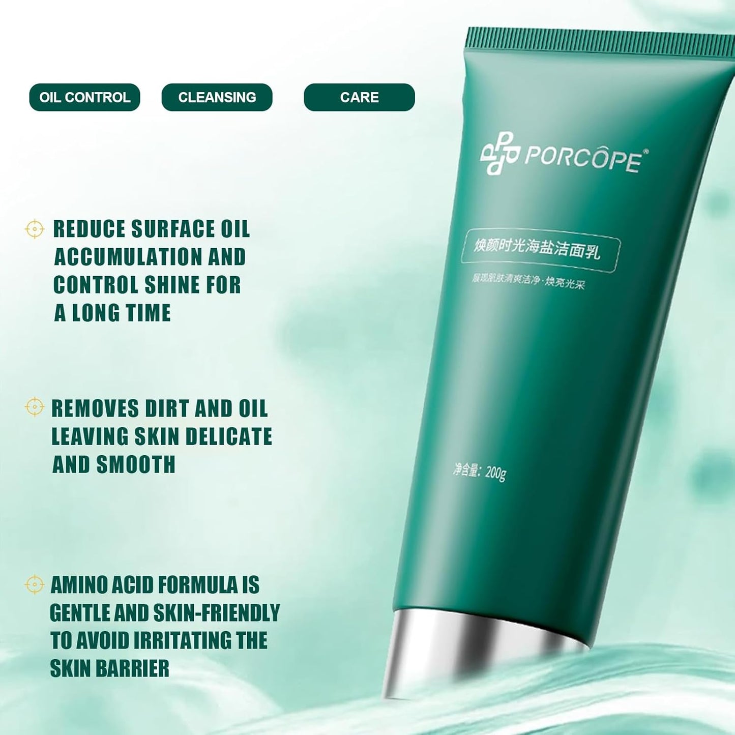 PORCOPE Gentle Moisturizing Cleanser with Amino Acids and Sea Salt Effective Oil Control for Oily and Sensitive Skin, Daily Face Wash 200ml