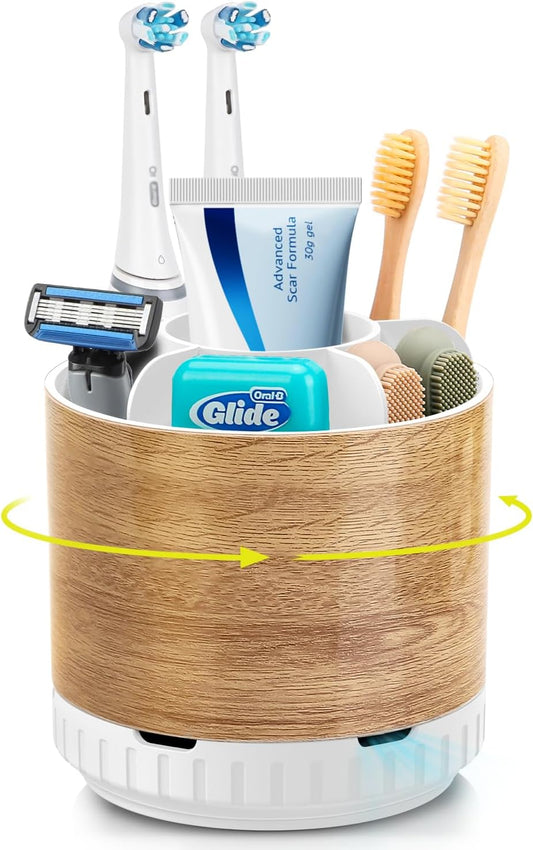 Wood Toothbrush Holders Organizers - Rotating Detachable 6 Slots Electric Toothbrush and Toothpaste Holde for Bathroom Accessories Organization Counter Vanity Sink Storage