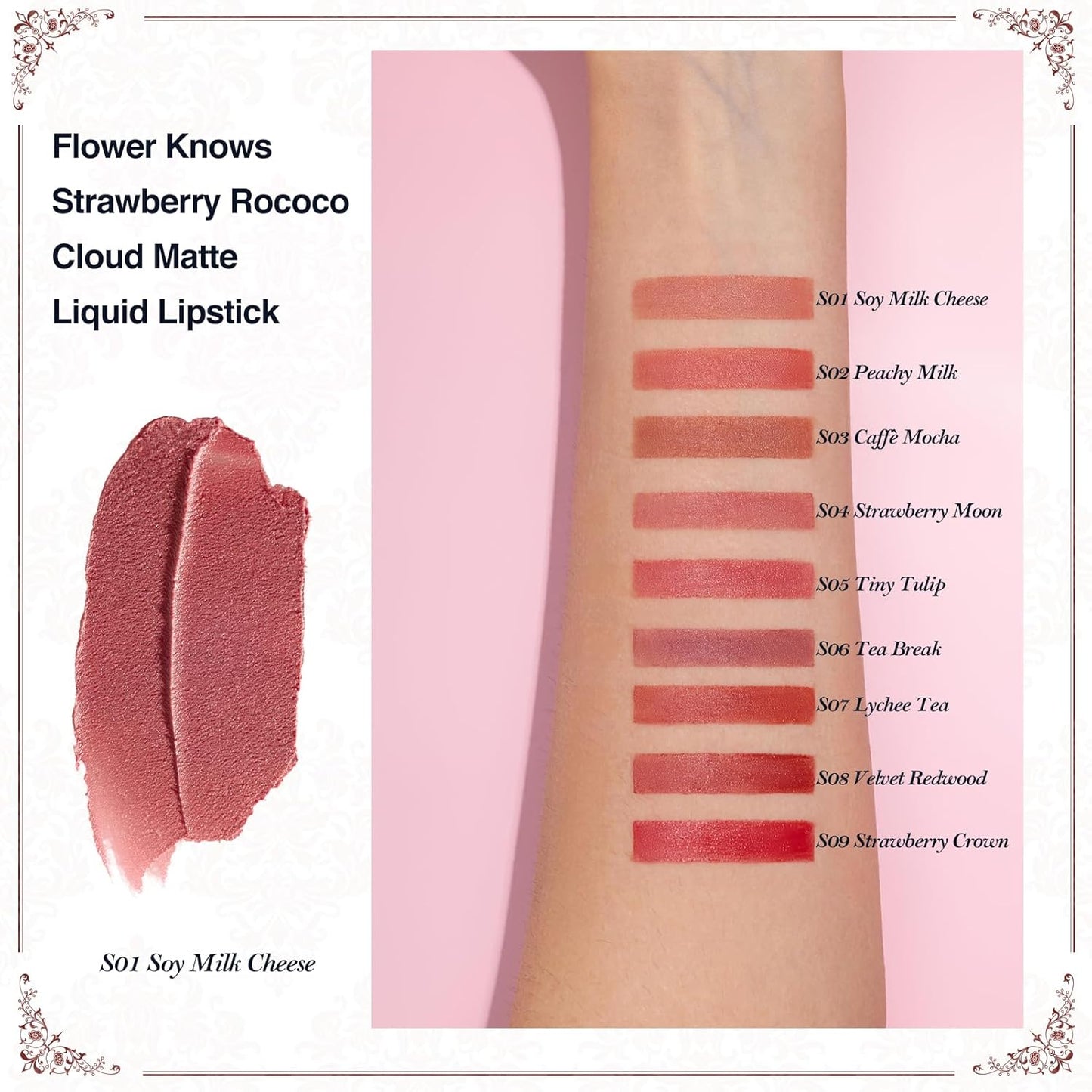 Flower Knows Strawberry Rococo Cloud Lip Cream,Velvety Matte Liquid Lipstick,Nude Lipstick,Long Lasting Lip Stain,Kiss-proof Blurred Lipstick for Girls&Women,0.12 Fl Oz(S01 Soy Milk Cheese)