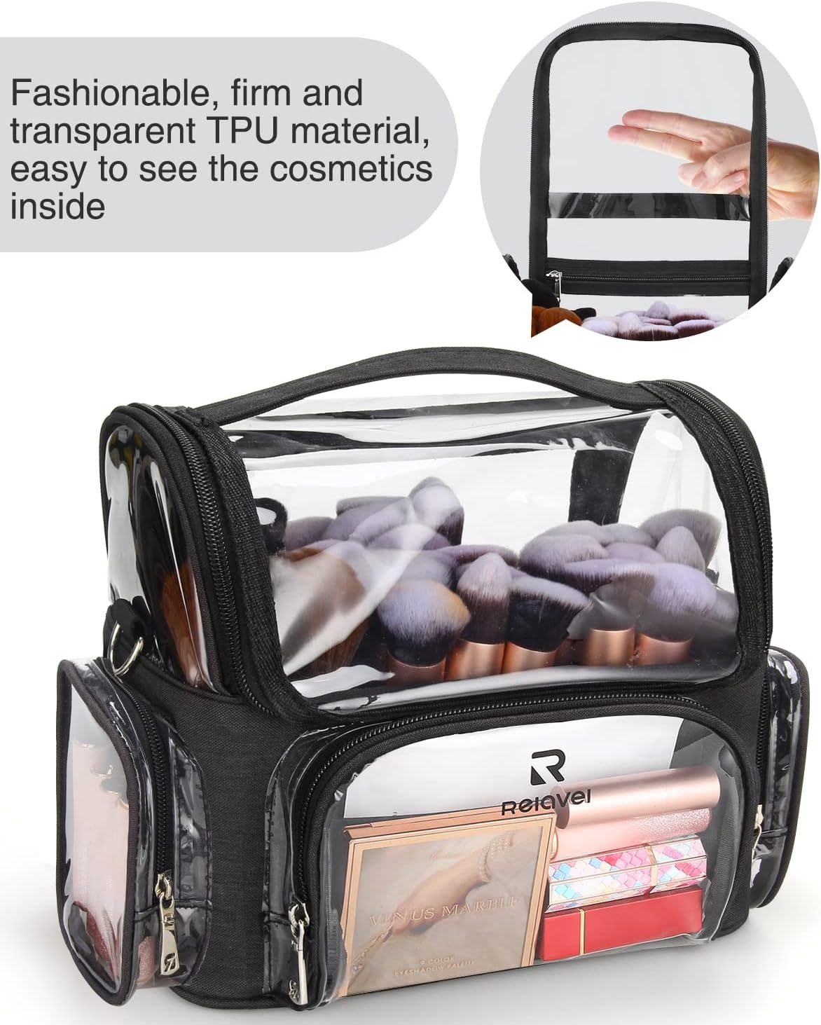 Makeup Brush Travel Case Clear Waterproof Organizer Bag with Adjustable Dividers Large Capacity Cosmetic Storage