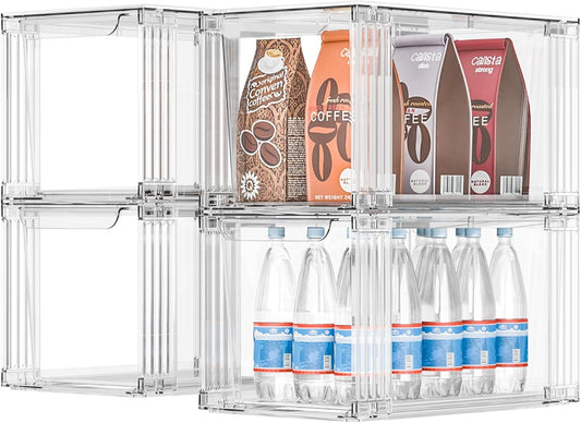 Stackable Kitchen Storage Drawers,Clear with Handles Acrylic Bathroom Makeup Organizer Bins,Easily Assemble,For Vanity, Undersink, Kitchen Cabinet,Pantry Organization and Storage (4Pack)