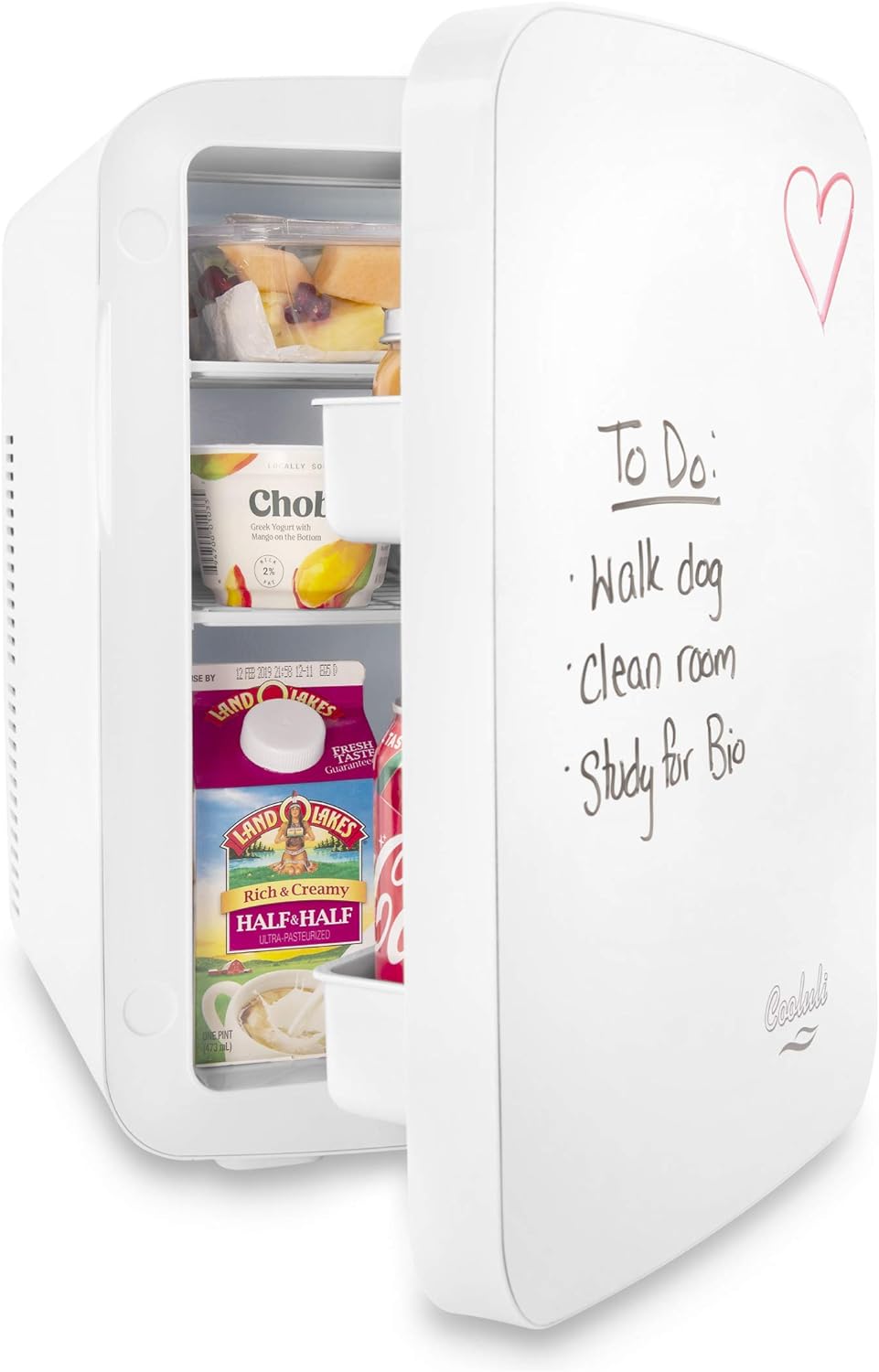 Cooluli Vibe Mini Fridge for Bedroom - With Cool Front Magnetic Whiteboard - 15L Portable Small Refrigerator for Travel, Car & Office Desk - Plug In Cooler & Warmer for Food, Drinks & Skincare (White)