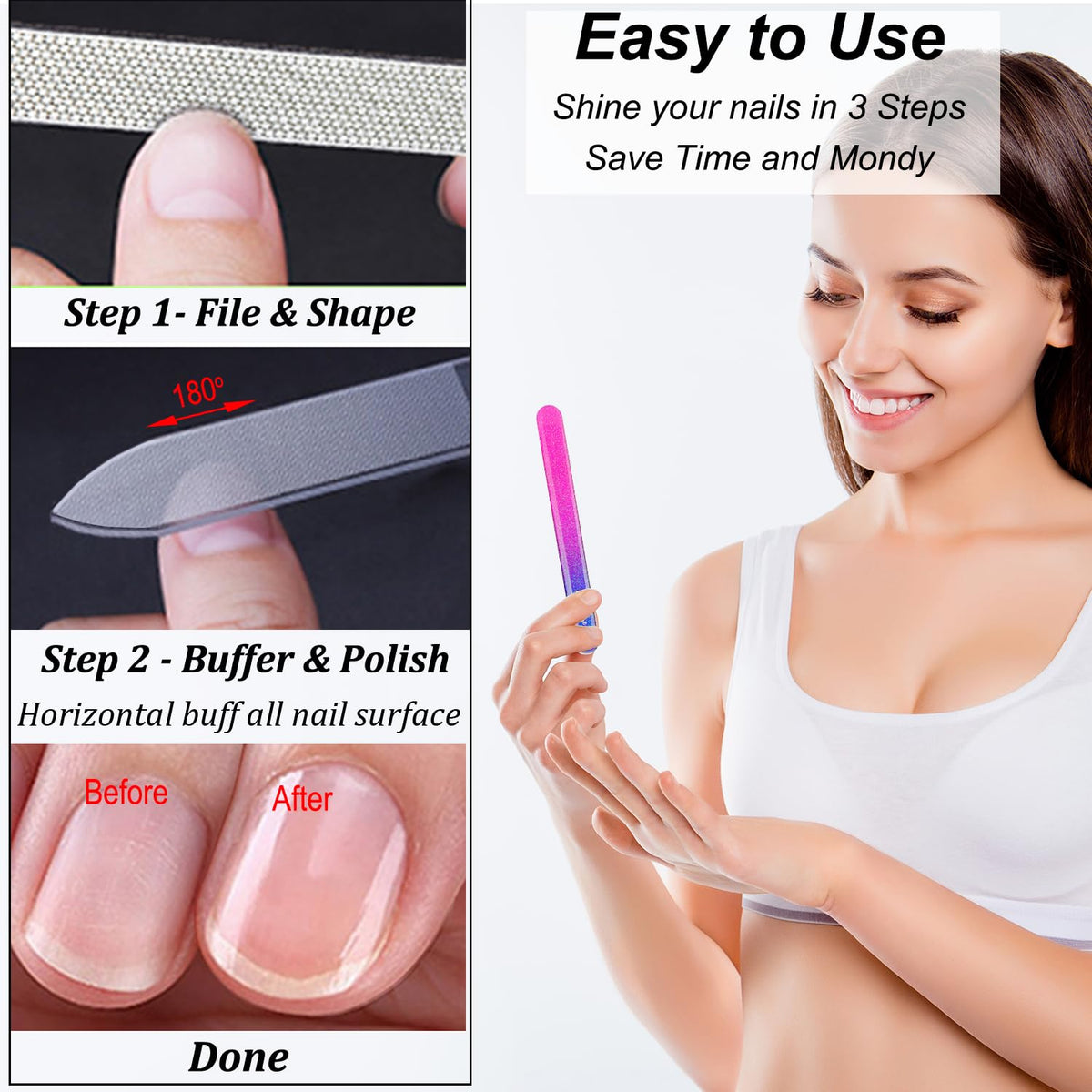 Diamond Nail File with Crystal Nail Shiner Set, Stainless Steel Nail File with Nano Glass Buffer, Metal Sapphire File with Nail Polisher, Professional Manicure Pedicure Kit for Salon Home and Travel