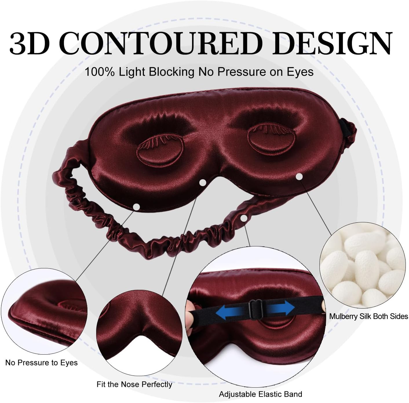 ZIMASILK Adjustable 22 Momme 100% Pure Mulberry Silk Sleep Mask, 3D Contoured Cup Eye Mask for Sleeping, Super Soft Breathable Blindfold, Perfect Blocks Light for Sleeping (Burgundy)
