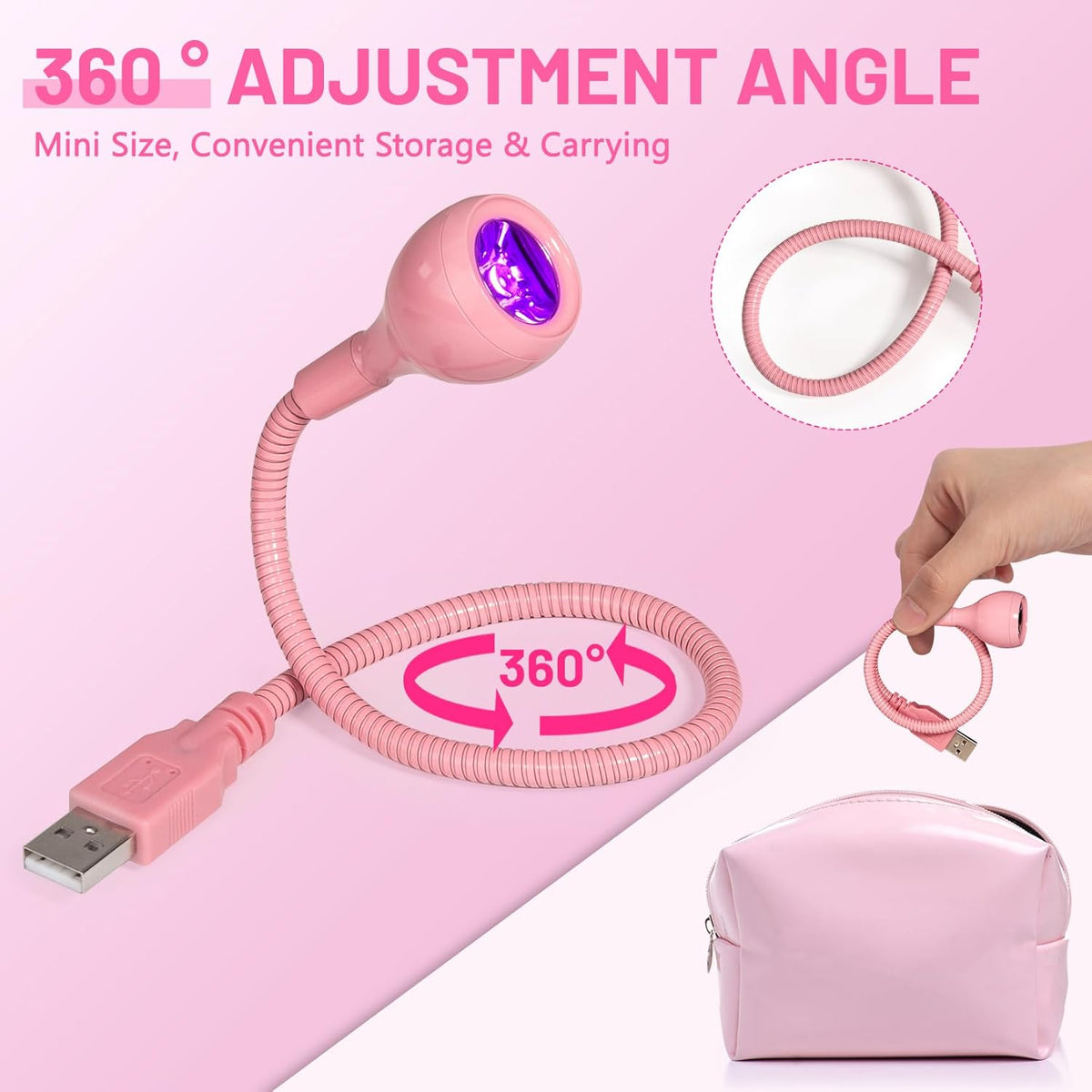 AORAEM UV LED Nail Lamp, 3W Portable Duck Neck UV Nail Lamps Dryer Gel Polish Curing Light with Pink Gooseneck for Gel Nails Tips USB Plug Play Nails Salon and Home DIY