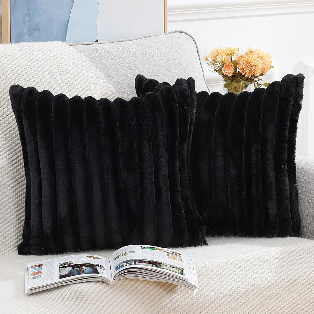 MADIZZ Set of 2 Faux Wool Plush Decorative Throw Pillow Covers 16x16 Inch Black Fluffy Striped Soft Decorative Cushion Cover for Sofa Bedroom Pillow Shell