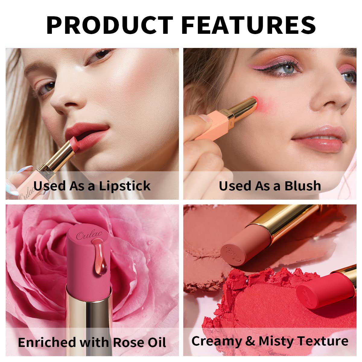 Oulac Nude Matte Lipstick for Women, Lipstick & Blush Duo, Peach Creamy Soft Satin Finish Lipsticks,Moisturising Formula,Rich Color Lightweight, Rose Oil,Vegan & Cruelty-Free| 3.6g (Y12