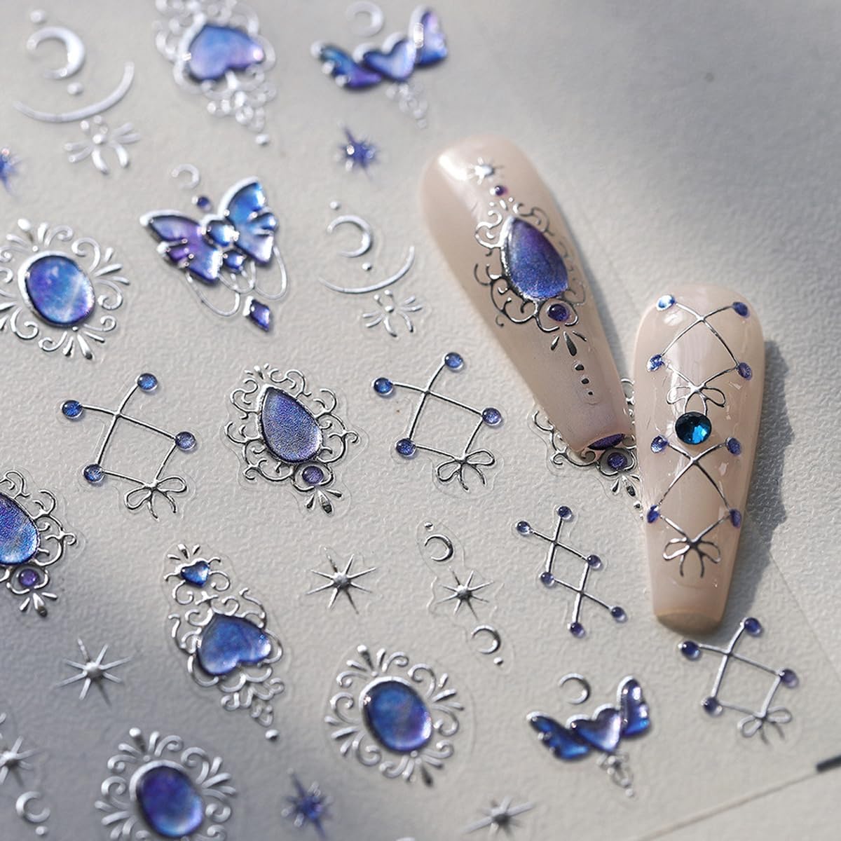 Blue Nail Art Sticker Decals Jelly Nail Stickers 5D Embossed Self Adhesive with Line Design Star Moon Nails Decals Nails Charms for Women Girls Kid Manicure Supply DIY Decoration Accessories
