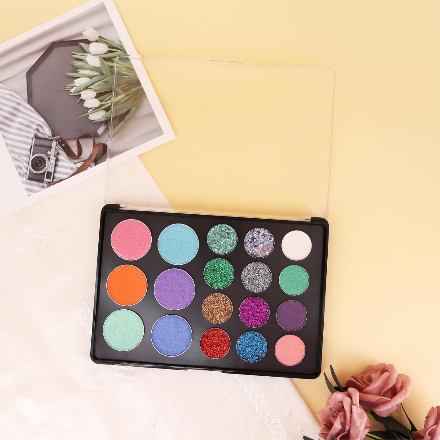 Large Empty Magnetic Eyeshadow Palette with Clear Top, Travel Makeup Organizer with 40Pcs Adhesive Metal Stickers For DIY Your Own Powder Palette (Large Palette - 7.87”x5.51”)