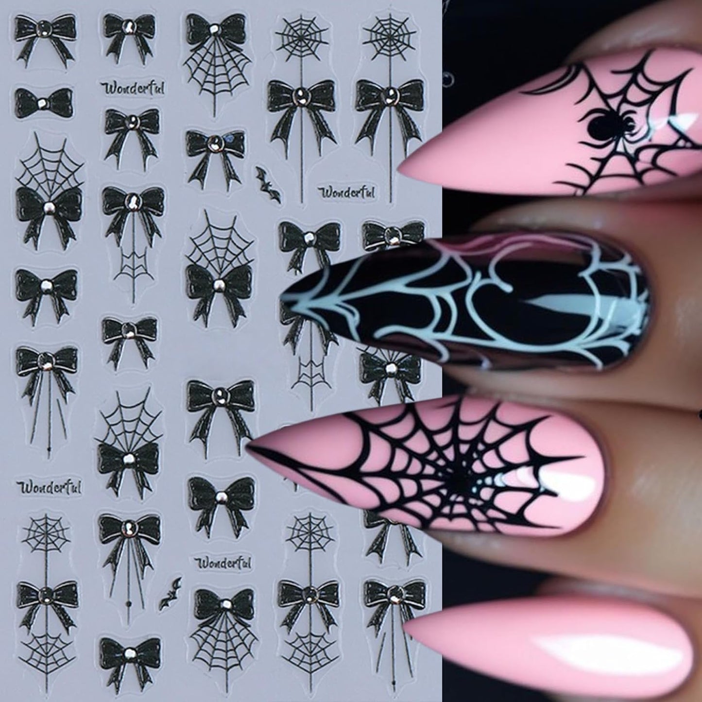 4 Sheets Embossed Halloween Nail Stickers for Nail Art 5D Self-Adhesive Black Bow Spider Web Nail Art Stickers Bow Blood Drop Bats Nail Decals Nails Design Sticker for Women DIY Festival Nail Decor