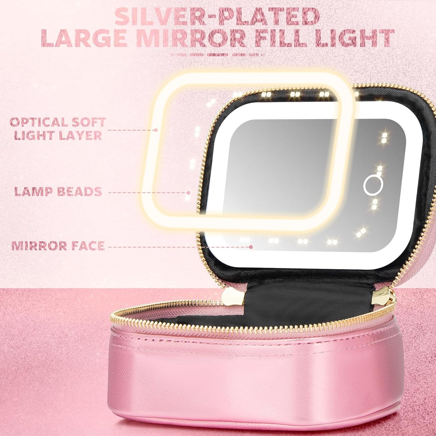 Small Makeup Bag Travel Train Case with Mirror and Light Mini Travel Make up for Women Train Case Cosmetic Organizer 3 Adjustable Brightness Toiletry Bag Portable Artist Storage