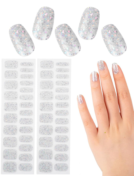 Nail Art Stickers for Women, 48 Pcs No UV Light Needed Semi Cured Gel Nail Strips Wraps Design Stick on Starter Kit (Silvery)(Silvery)