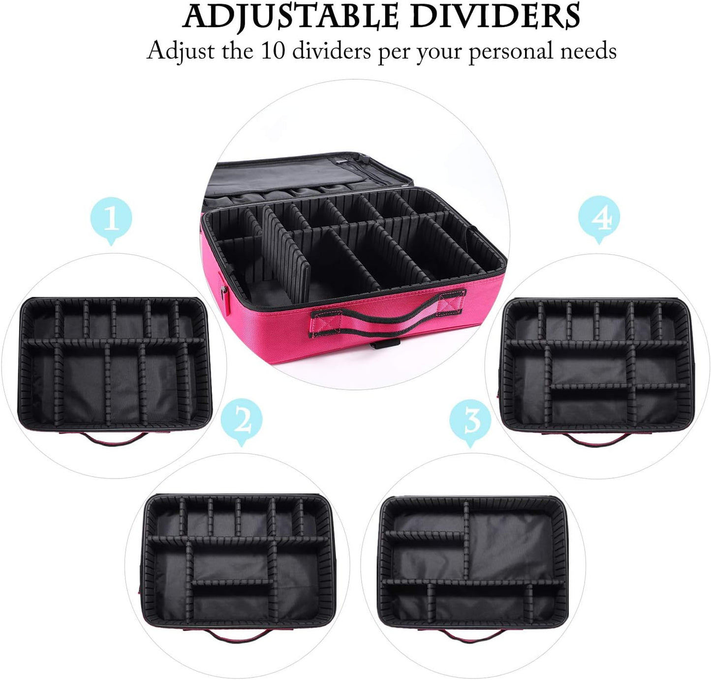 Travel Makeup Case Portable Makeup Train Case Organizer Cosmetic Bag with Adjustable Dividers and Shoulder Strap for Makeup Brushes Toiletry Travel Accessories(Rose Red, L)