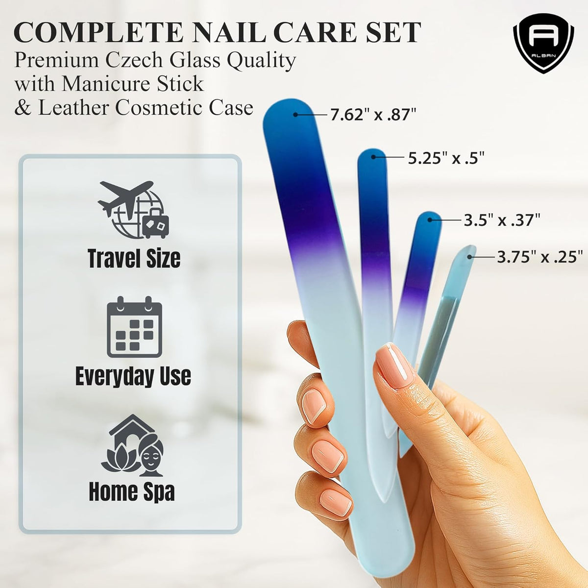 Alban Czech Glass Nail File Set with Manicure Stick & Vegan Leather Cosmetic Case (Royal Blue & Purple Nail Files, Light Blue Manicure Stick & Cosmetic Case)