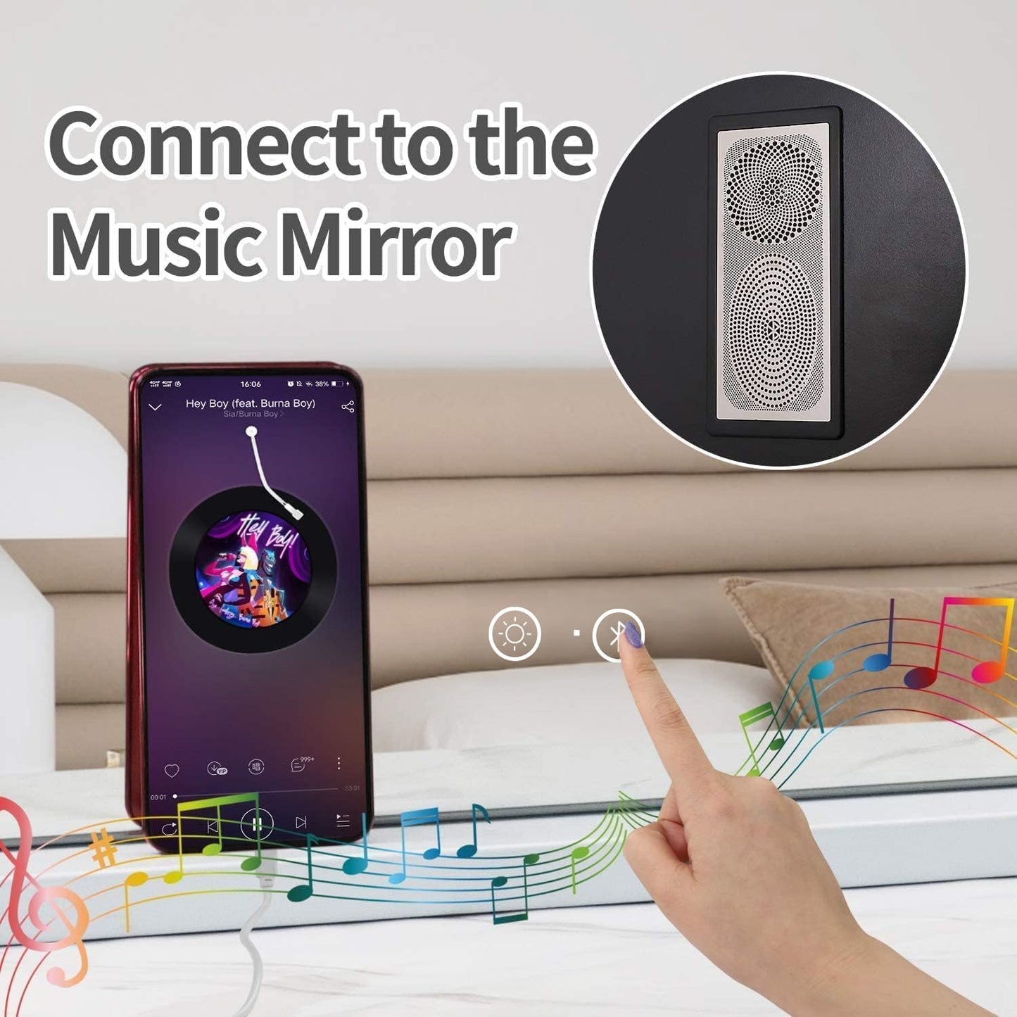 Hansong Vanity Mirror with Lights and Bluetooth Extra Large Hollywood Makeup Mirror with 18 pcs LED Bulbs Lighted Mirror with USB Charging,3 Color Lighting Modes Tabletop or Wall Mount