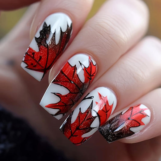 Fall Maple Leaf Press on Nails Medium Square Thanksgiving Fake Nails for Women Autumn Maple Leaves Acrylic Glue on Nail Glossy Reusable Artificial Stick on Nail
