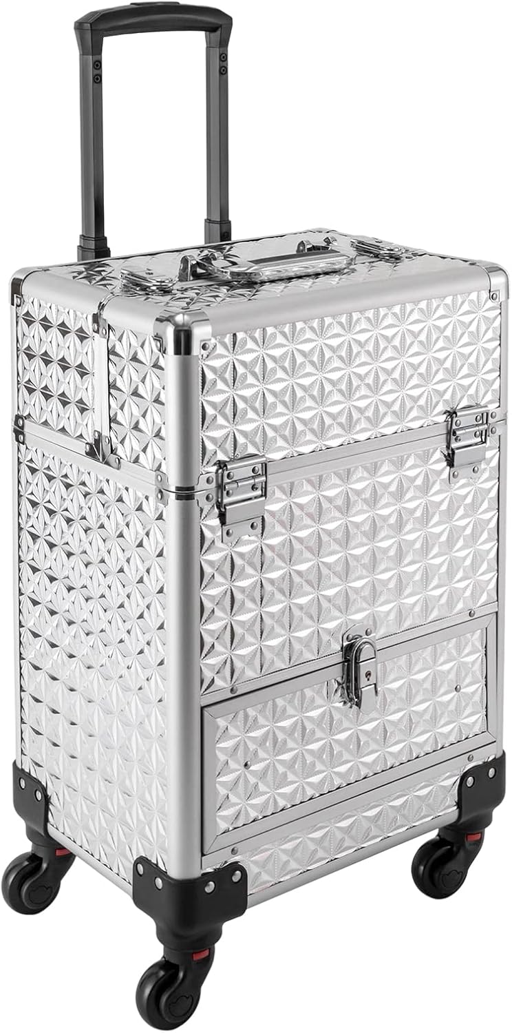 Rolling Makeup Train Case with Wheels Large Capacity Professional Cosmetic Organizer Trolley Case with Expandable Trays
