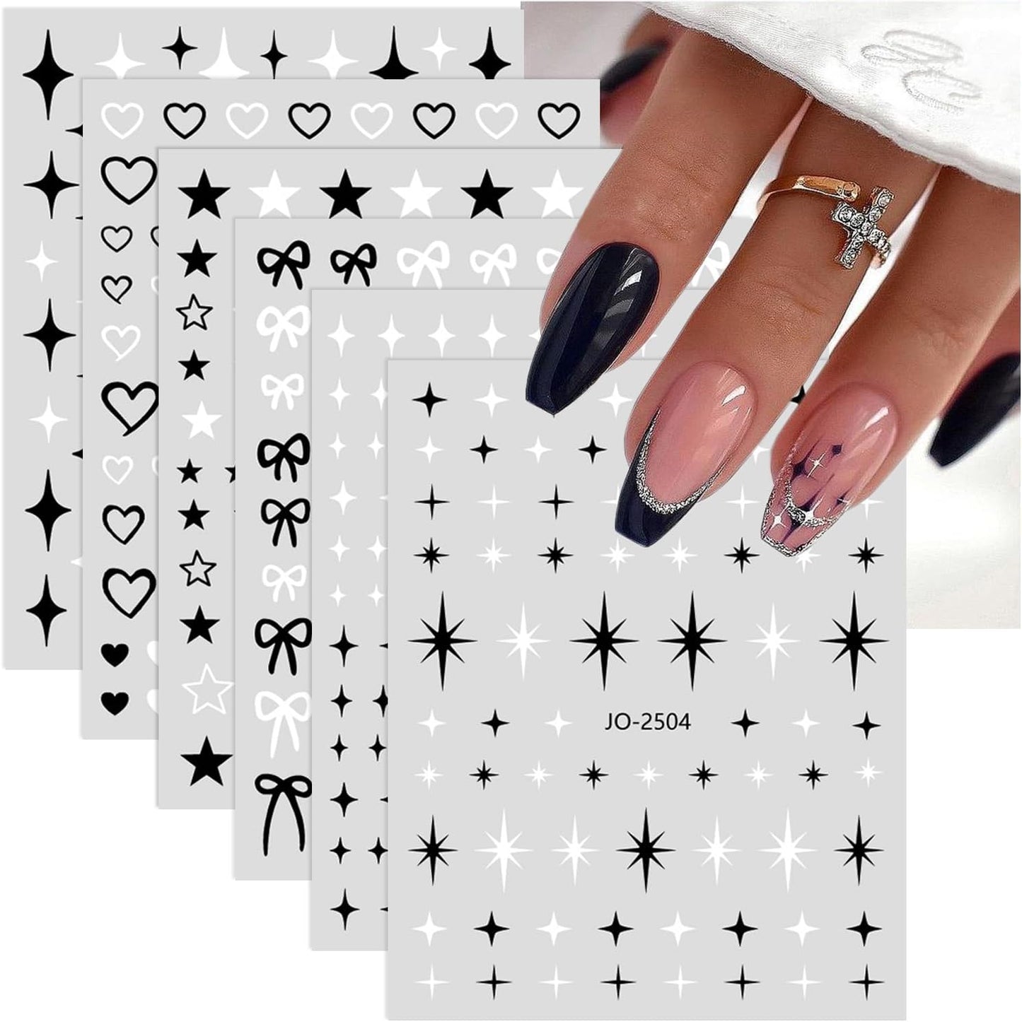 6 Sheets Black White Nail Art Stickers Star Nail Stickers Valentines Heart Nail Decals Cute Bow Hollow Out Hearts Stars Nail Design Sticker for Nail Art Decor 3D Starlight Bow Nail Supplies Charms DIY