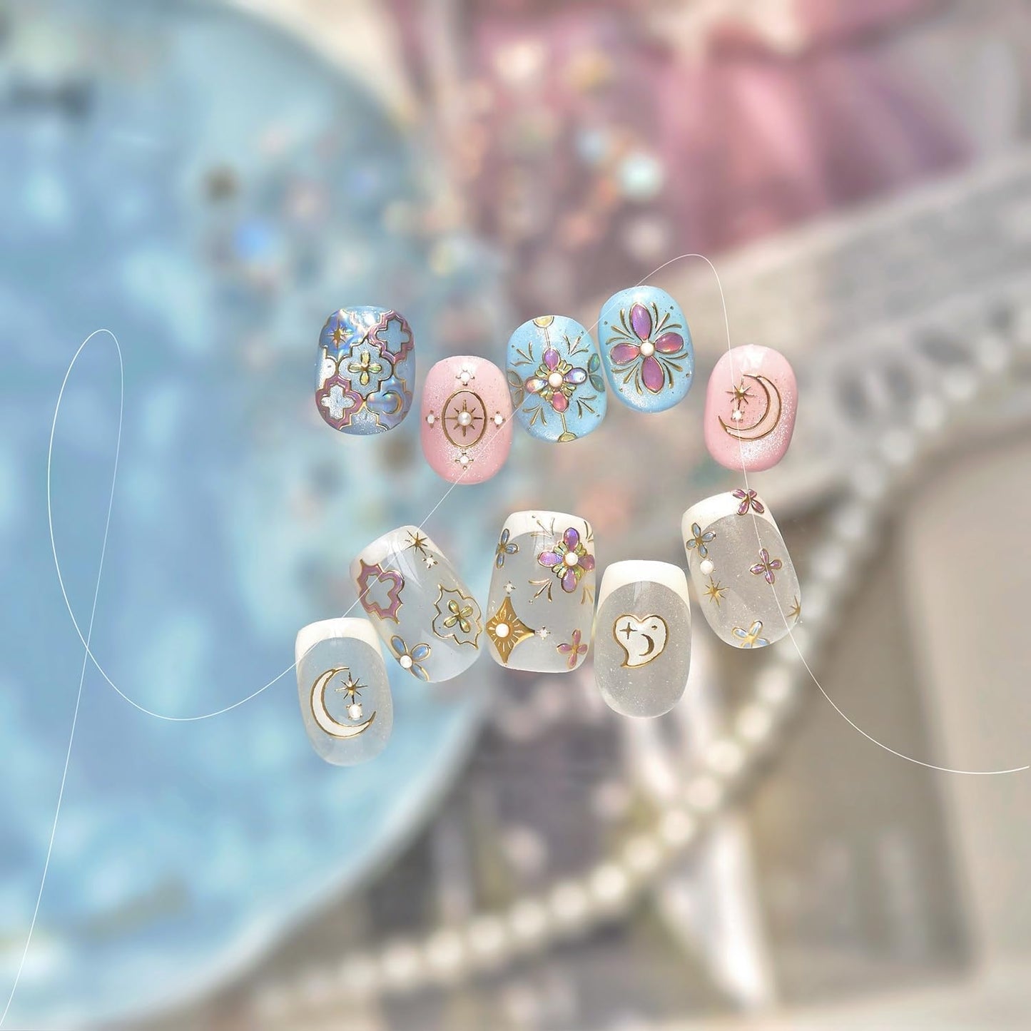 1Pcs Gold Nail Stickers 5D Sun Moon Heart Nail Decals Bohemian Style Nail Art Stickers Embossed Self-Adhesive Sun Moon Nail Decals Bohemia Flower Nails Designs Nails Decoration for Women Nail Supplies