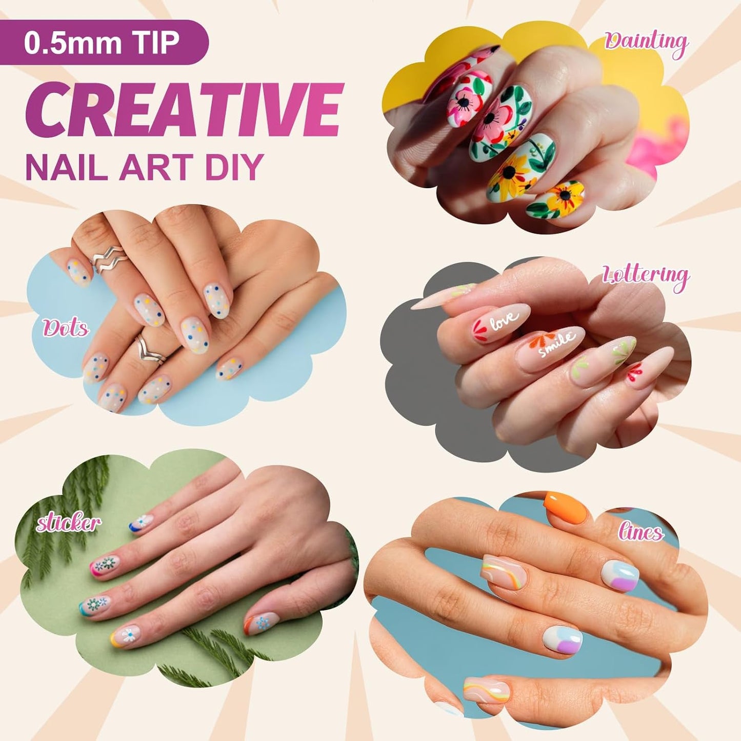 miikoul 12 Colors Nail Art Pens Set 0.7mm Art Graffiti Pen with 10PCS Nail Art Stickers 3D Nail Polish Paint Pens Quick Drying Waterproof Drawing Marker Pen for Nail Art Drawing and Salon DIY