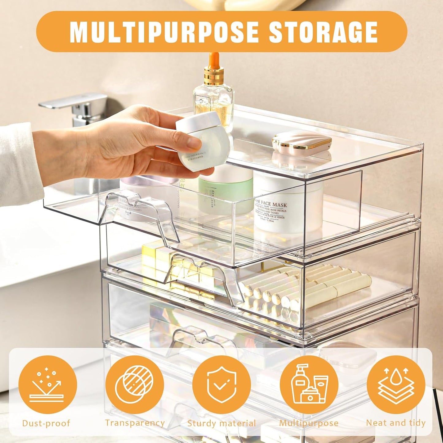 5 Pack Makeup Organizer Stackable, 12.1''L Bathroom Organizer and Storage Acrylic Undersink Drawer Organizer, Cosmetics and Beauty Supplies,Clear Plastic Storage Bins for Vanity,Pantry,Cabinet,Kitchen