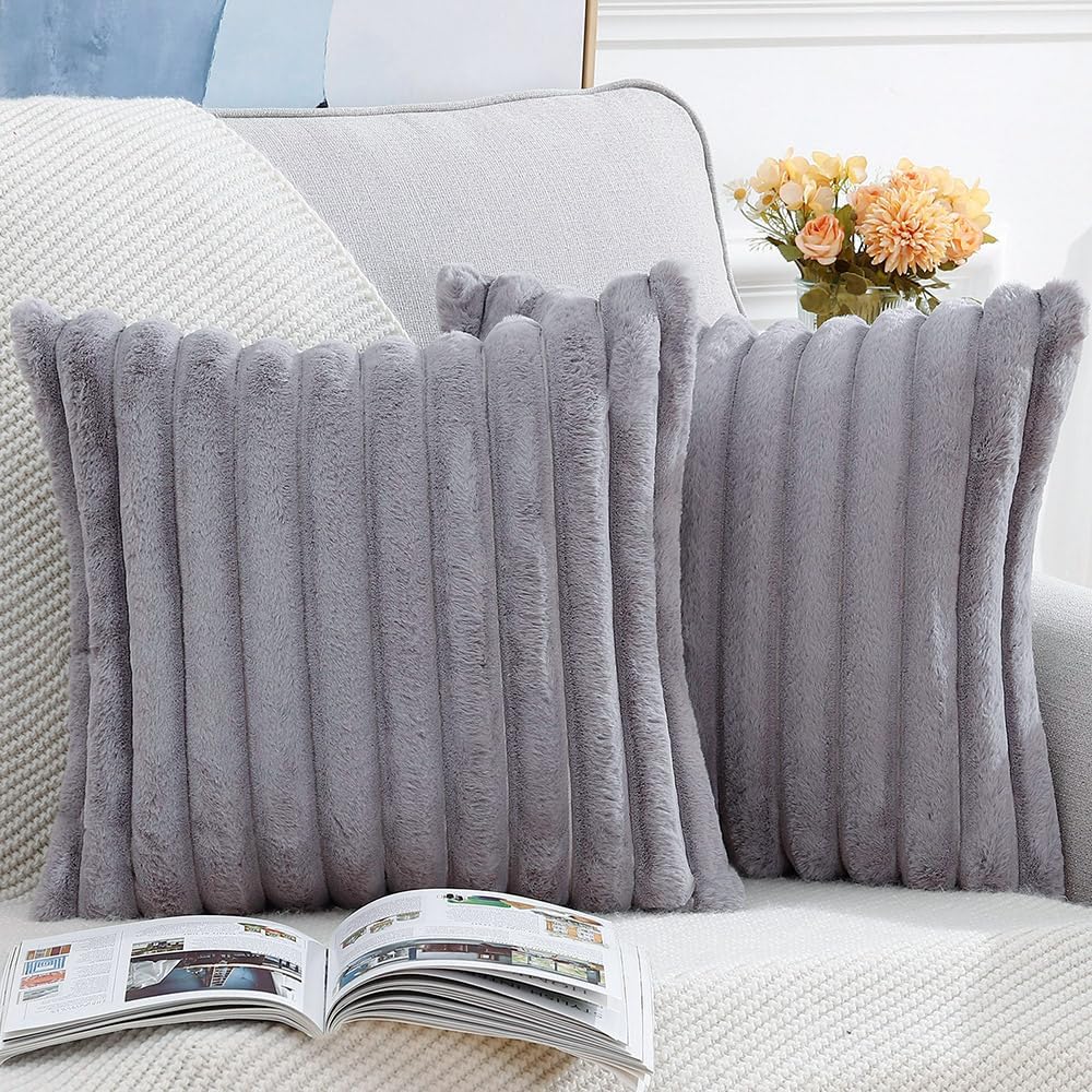 MADIZZ Set of 2 Faux Wool Plush Decorative Throw Pillow Covers 18x18 Inch Grey Fluffy Striped Soft Decorative Cushion Cover for Sofa Bedroom Pillow Shell