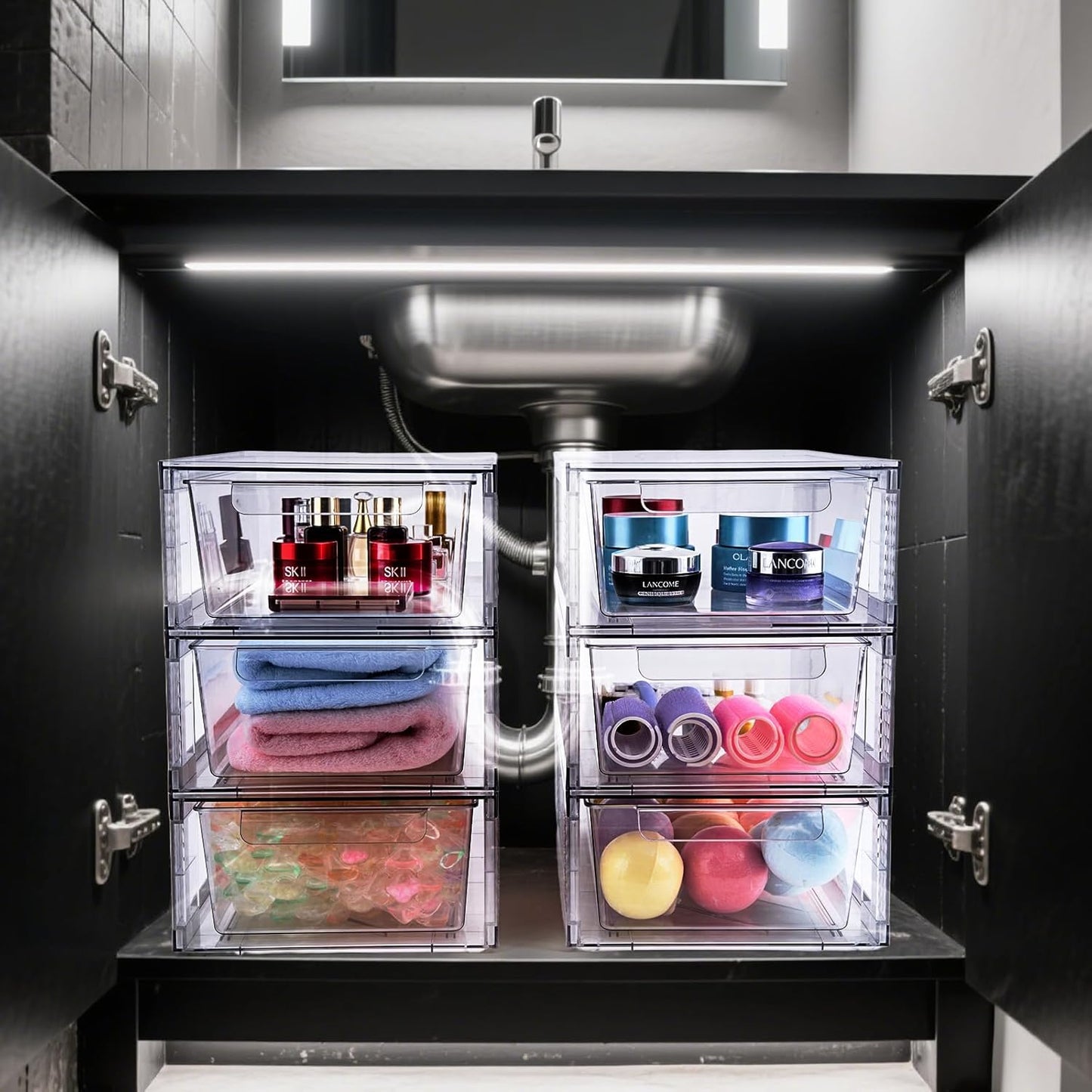 Clear Stackable Storage Drawers, 3.95” Height, 4-Pack Acrylic Organizer for Bathroom & Cabinet Use