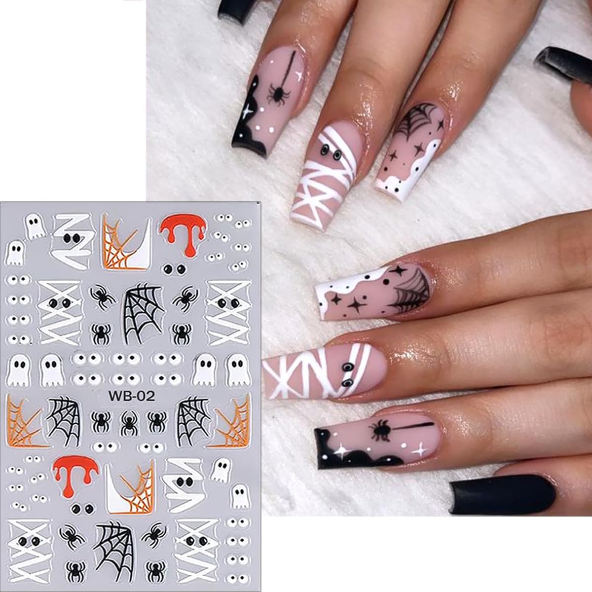 6 Sheets Halloween Cute Ghost Nail Stickers for Nail Art 3D Self-Adhesive Glitter Pumpkin Spider Web French Nail Art Decals Black White Halloween Starlight Nail Decals for Women DIY Manicure Art Kit