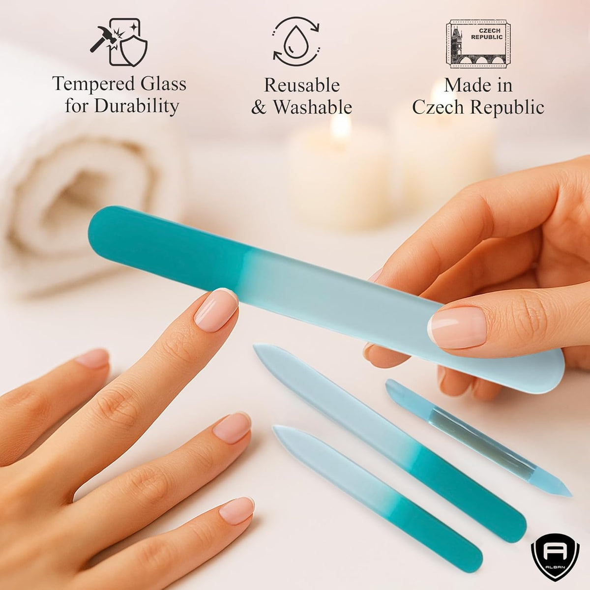 Alban Czech Glass Nail File Set with Manicure Stick & Vegan Leather Cosmetic Case (Turquoise Nail Files, Light Blue Manicure Stick & Cosmetic Case)