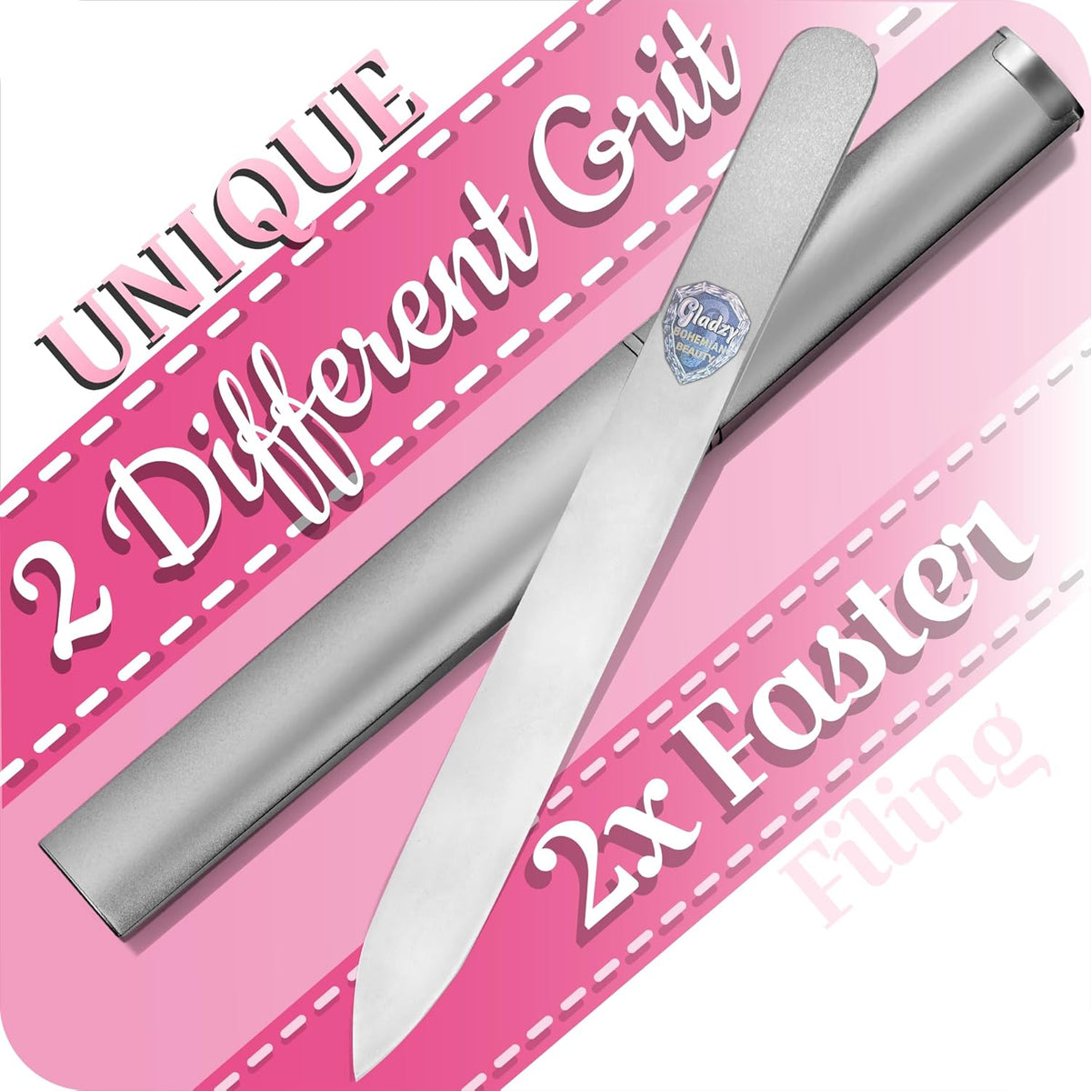 GLADZY Czech Glass Nail File with Case – Double Sided Crystal Nail File for Natural Nails, Dual Grit Coarse & Smooth Sides, Etched Bohemian Glass Manicure Tool, Professional Care, Ethically Made in EU