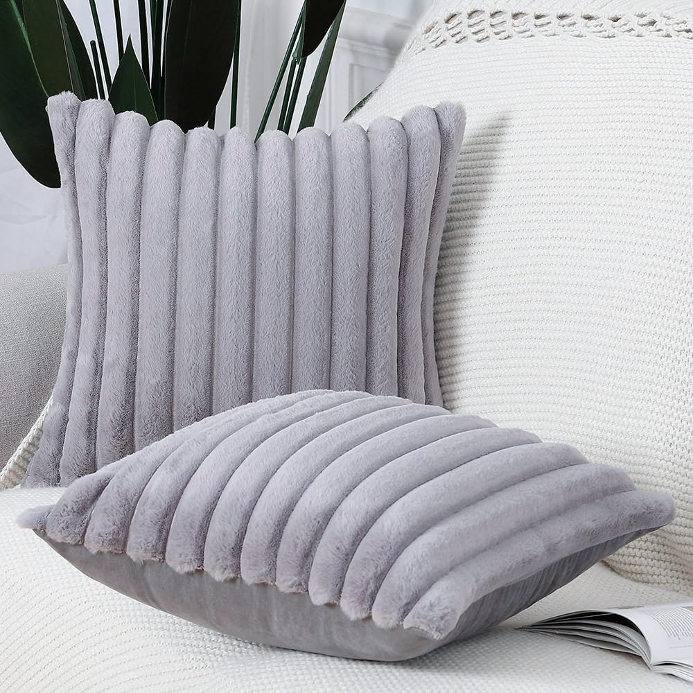 MADIZZ Set of 2 Faux Wool Plush Decorative Throw Pillow Covers 26x26 Inch Grey Fluffy Striped Soft Decorative Cushion Cover for Sofa Bedroom Pillow Shell